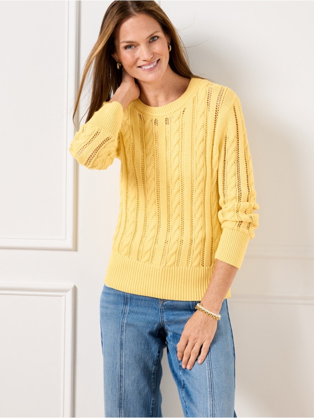Talbots Open Knit Cable Crewneck 100% Cotton Yellow Sweater Size Large